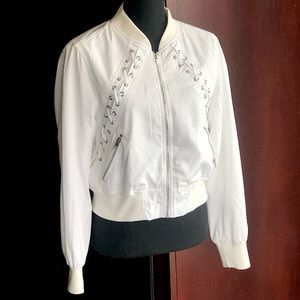 Casting LA White Bomber Half Crop Biker Jacket